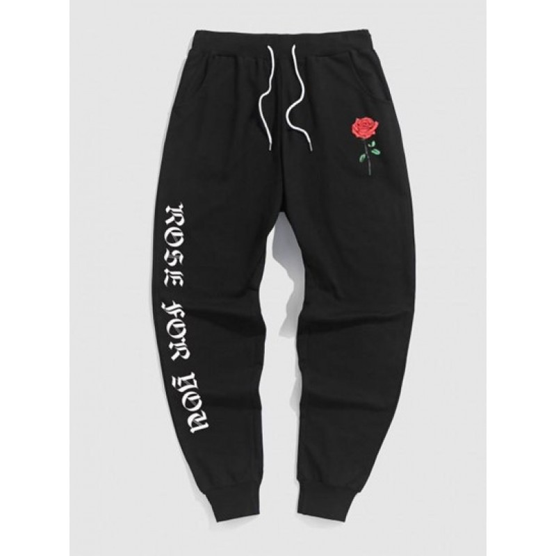 Letter And Rose Graphic Printed Drawstring Sweatpants