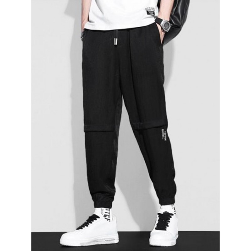 Wrinkled Letter Embroidery Drawstring Jogger Pants