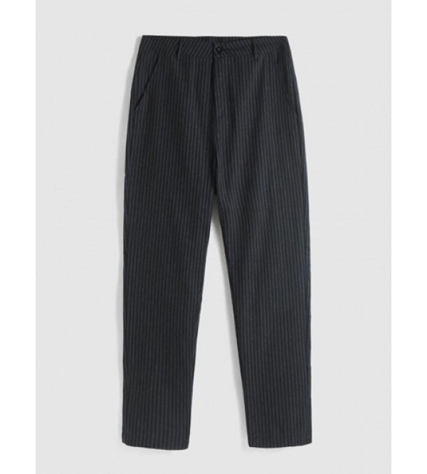 Vertical Striped Pockets Tapered Office Pants