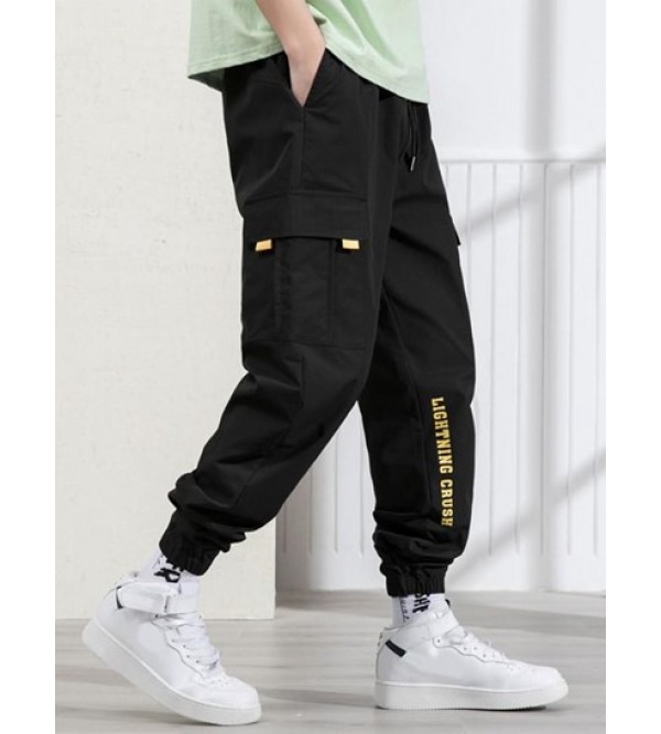 Letter Printed Multi-pockets Design Drawstring Beam Feet Pants