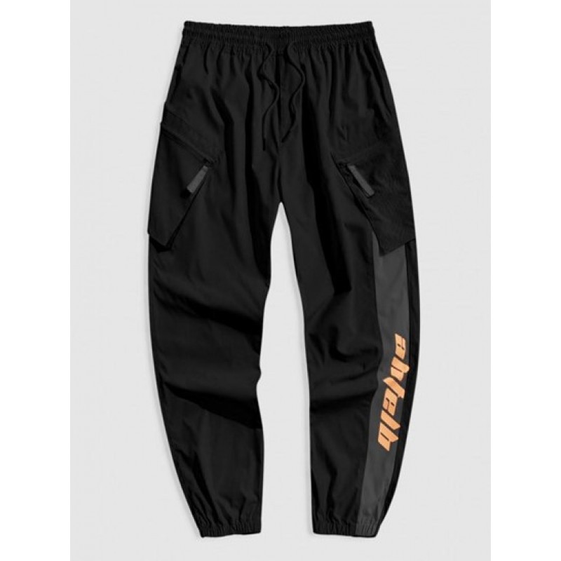 Zipper Pocket Design Letter Printed Cargo Jogger Pants