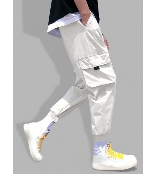 Multi Pockets Solid Color Drawstring Jogger Cargo Pants
