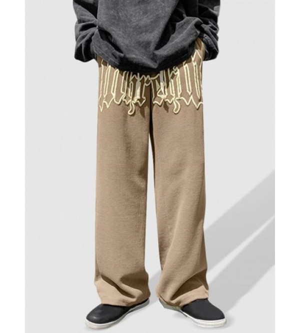 Textured Drawstring Letter Graphic Straight Pants