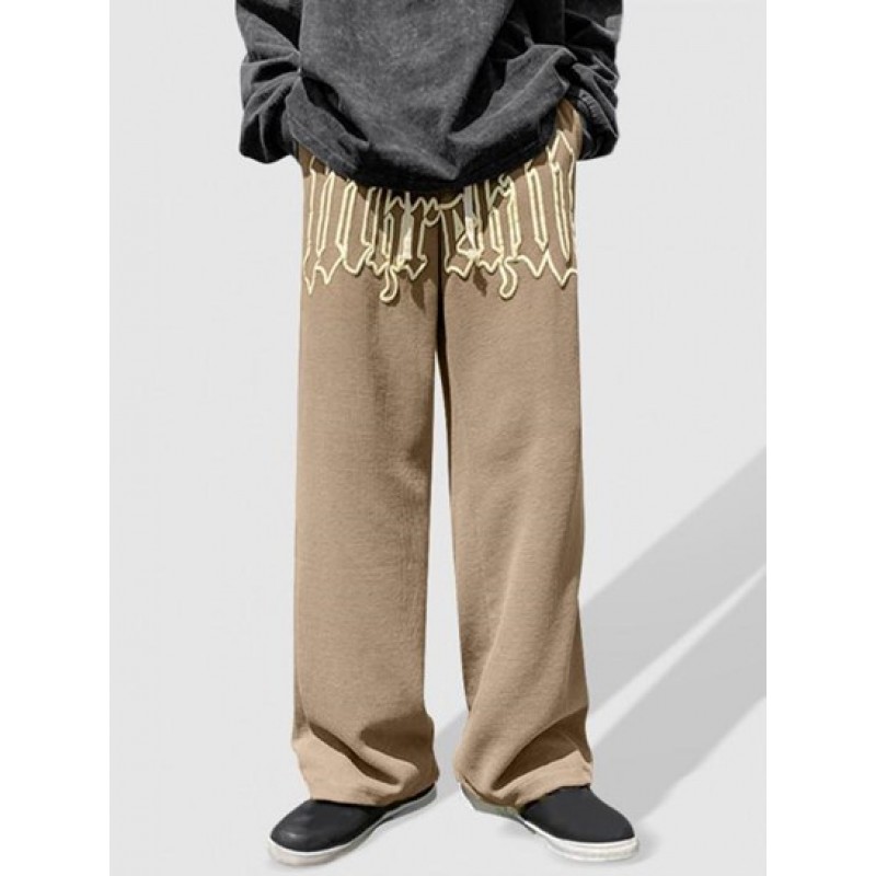 Textured Drawstring Letter Graphic Straight Pants