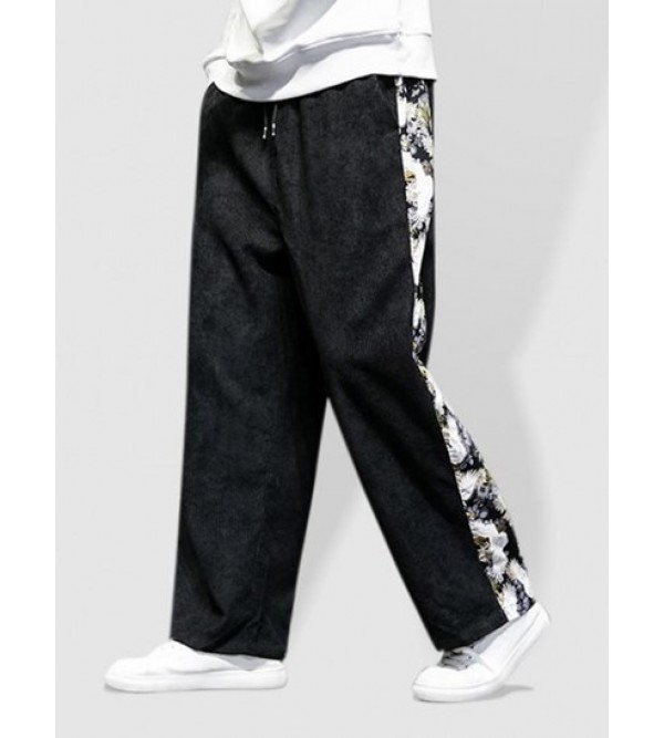 Chinese Style Crane Printed Drawstring Casual Pants