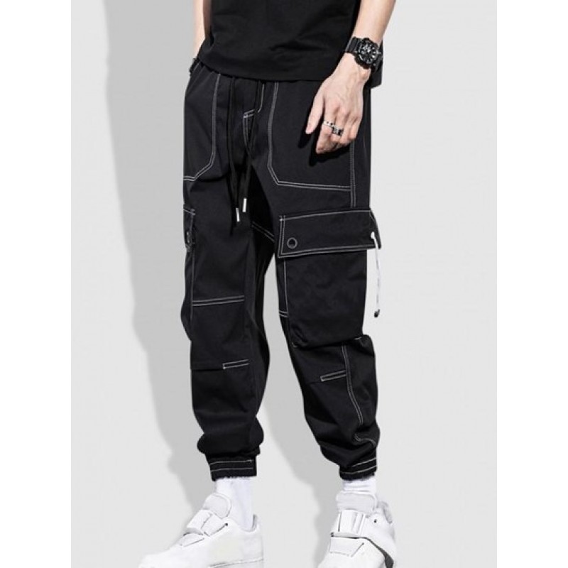 Multi-pocket Solid Color Topstitching Streetwear Cargo Pants