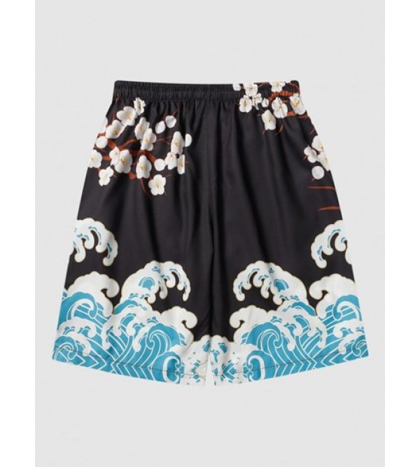Sea Waves And Flower Print Casual Drawstring Shorts