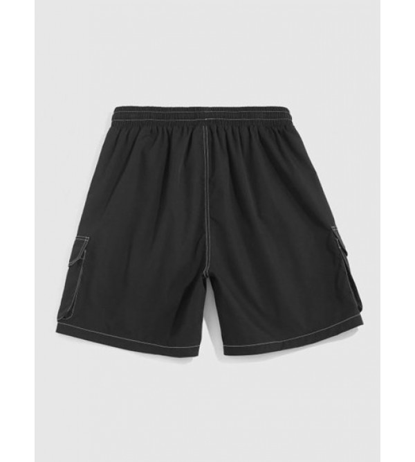 Solid Color Multi-pocket Topstitching Cargo Shorts