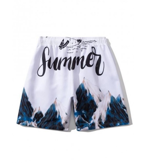 Mountain Painting Letter Print Drawstring Casual Shorts Mountain Painting Letter Print Drawstring Casual Shorts