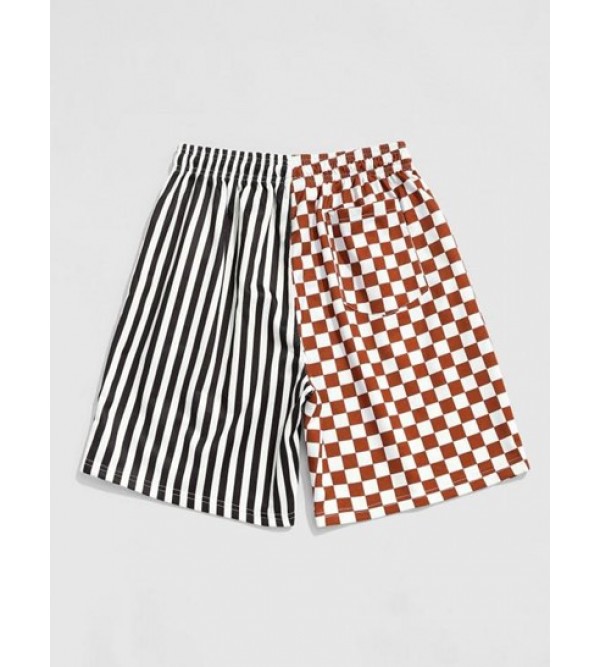 Drawstring Stripe Checkerboard Half Print Casual Shorts Drawstring Stripe Checkerboard Half Print Casual Shorts