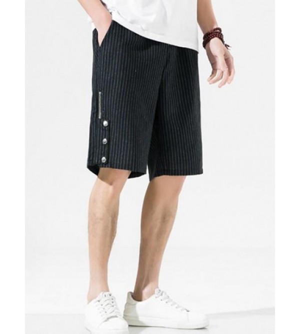 Striped Print Zipper And Button Design Drawstring Casual Shorts