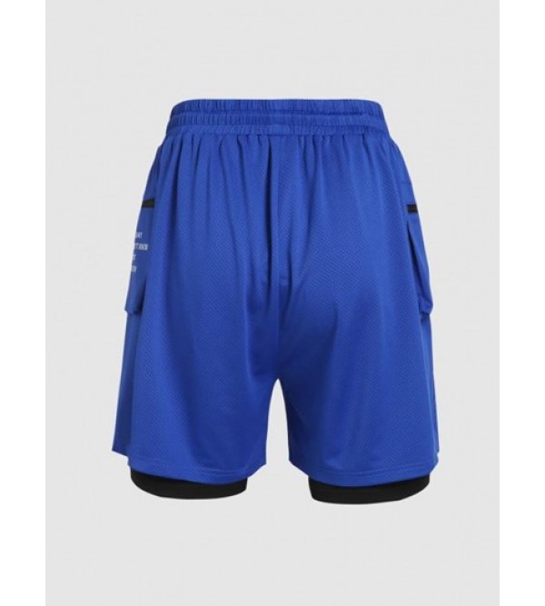 Letter Print Zipper Pocket Design Faux Twinset Sports Shorts Letter Print Zipper Pocket Design Faux Twinset Sports Shorts