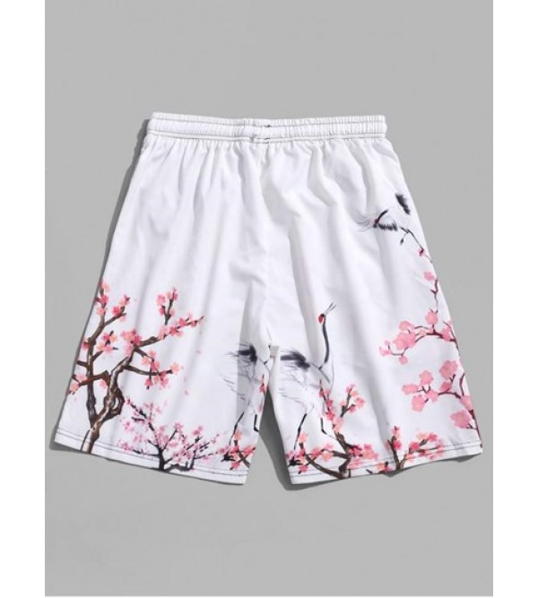 Flower Flying Crane Print Beach Shorts