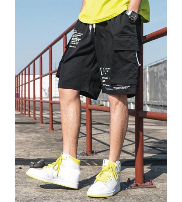 Streetwear Drawstring Letter Print Pocket Cargo Shorts
