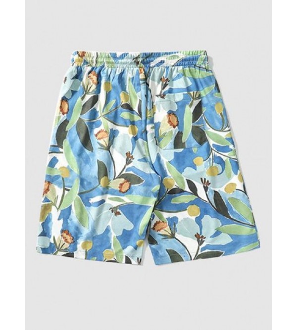 Retro Floral Printed Drawstring Casual Shorts