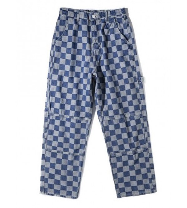 Y2K Aesthetic Checkerboard Print Straight Leg Carpenter Jeans