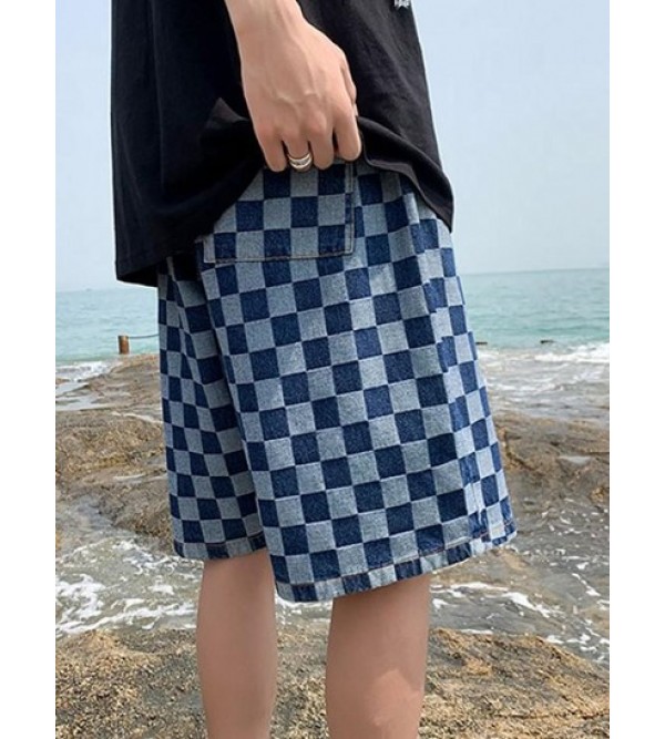 Checkerboard Pattern Drawstring Denim Shorts Checkerboard Pattern Drawstring Denim Shorts