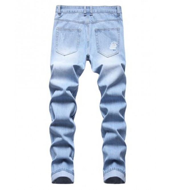 Zipper Embellishment Light Wash Ripped Jeans