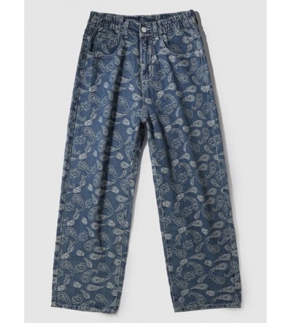 Straight Leg Paisley Flower Print Y2K Aesthetic Jeans