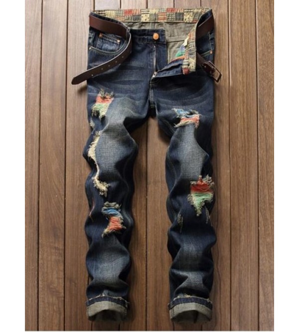 Colorful Destroy Wash Scratch Long Casual Ripped Jeans Colorful Destroy Wash Scratch Long Casual Ripped Jeans