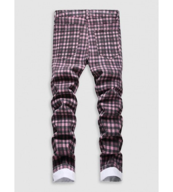 Plaid Print Pockets Zipper Retro Jeans