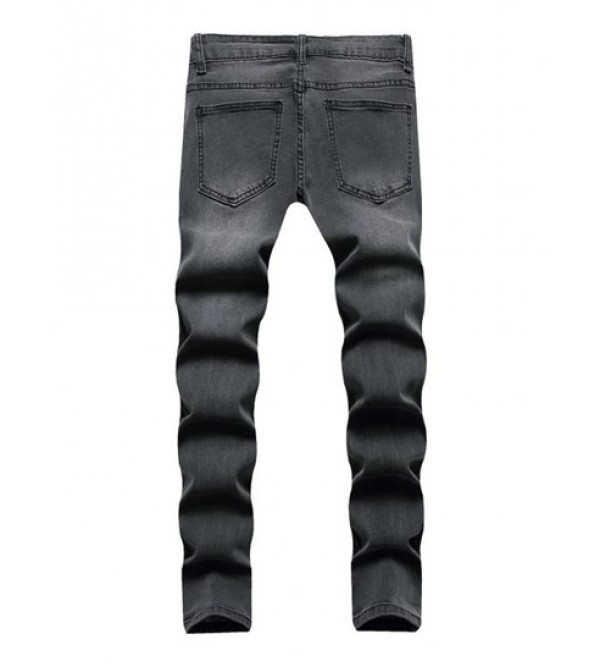 Ripped Patch Pocket Zipper Casual Jeans