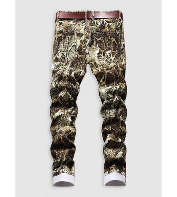 Snakeskin Print Multi-pocket Cuffed Stretch Jeans