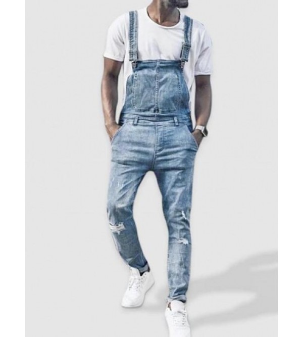 Frayed Ripped Inside Pocket Design Jean Jumpsuits