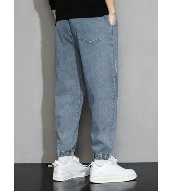 Letter Embroidered Pocket Baggy Jogger Jeans Letter Embroidered Pocket Baggy Jogger Jeans