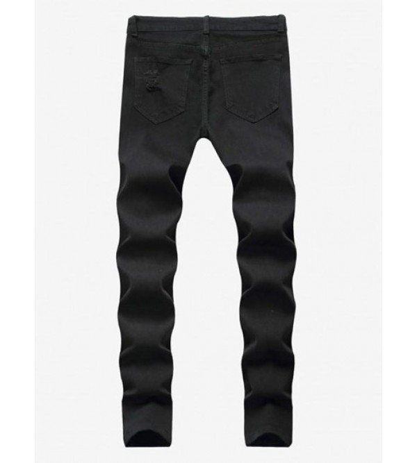 Solid Color Frayed Ripped Zipper Fly Jeans