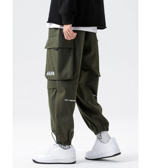 Casual Letter Print Pockets Elastic Waist Cargo Techwear Pants