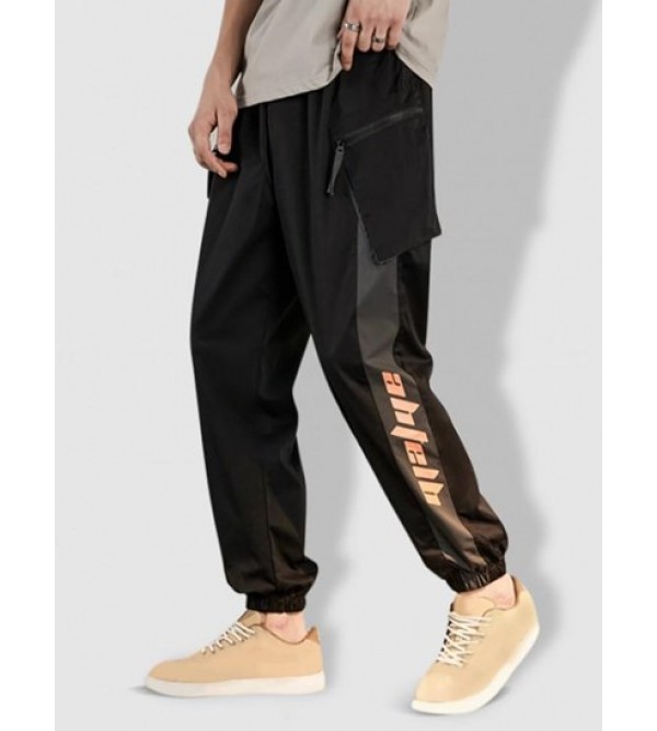 Zipper Pocket Design Letter Printed Cargo Jogger Pants