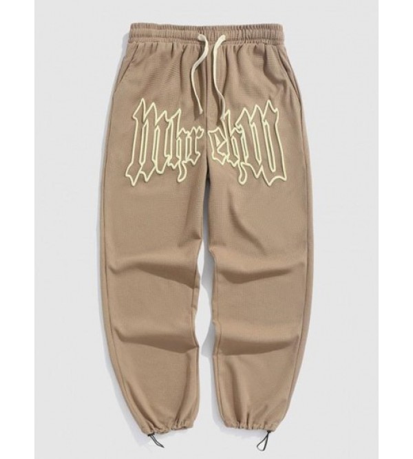 Textured Drawstring Letter Graphic Straight Pants Textured Drawstring Letter Graphic Straight Pants