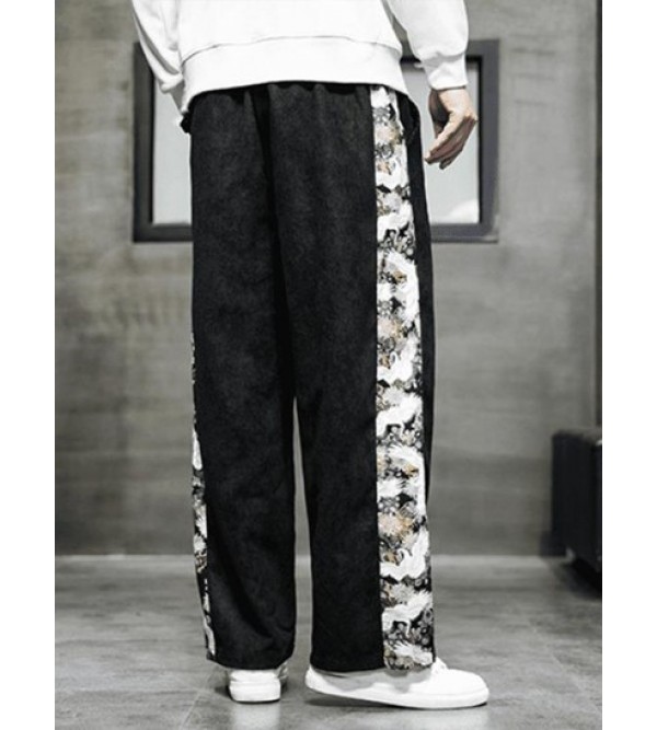 Chinese Style Crane Printed Drawstring Casual Pants