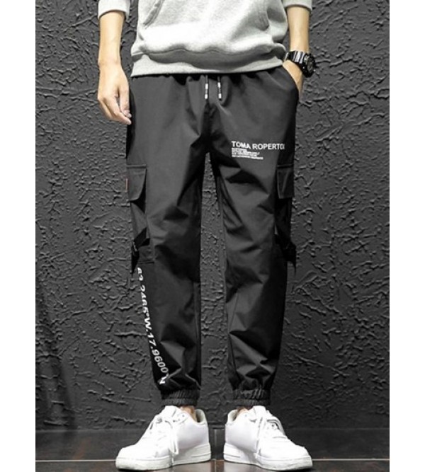 Letter Print Flap Pockets Cargo Jogger Techwear Pants