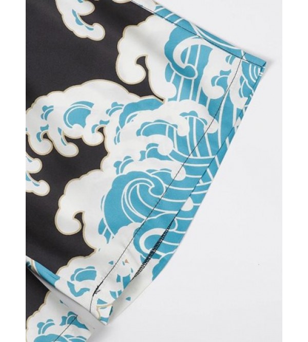 Sea Waves And Flower Print Casual Drawstring Shorts