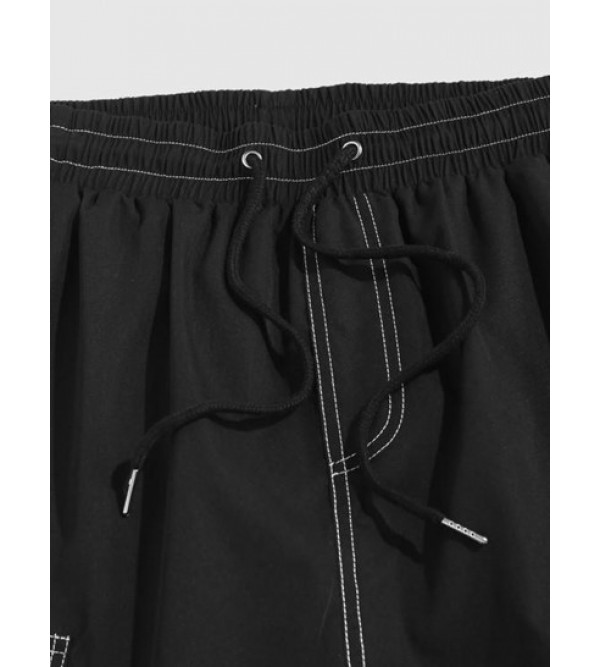 Solid Color Multi-pocket Topstitching Cargo Shorts