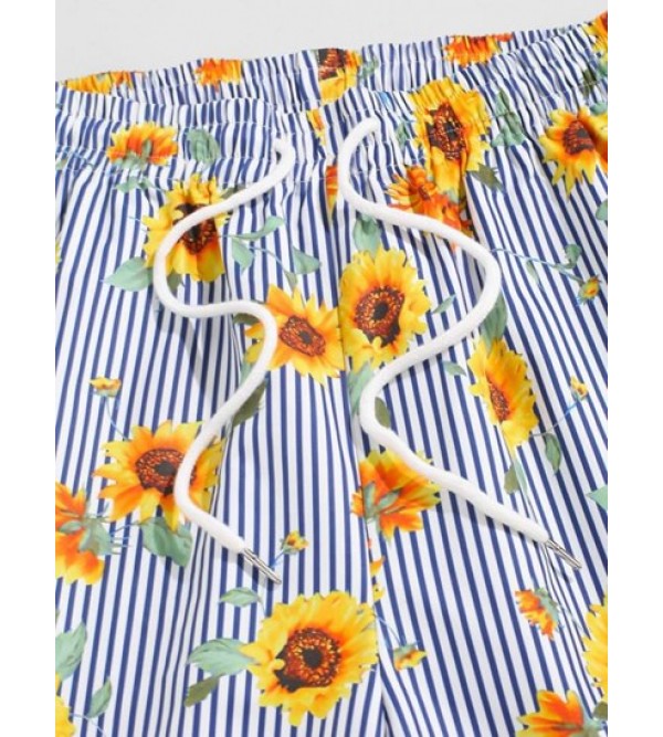 Vertical Striped Sunflower Print Board Shorts Vertical Striped Sunflower Print Board Shorts
