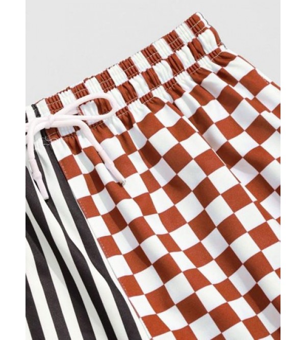 Drawstring Stripe Checkerboard Half Print Casual Shorts Drawstring Stripe Checkerboard Half Print Casual Shorts