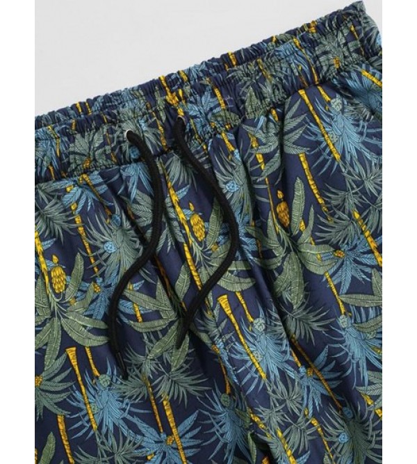 Drawstring Tropical Plant Print Beach Shorts Drawstring Tropical Plant Print Beach Shorts
