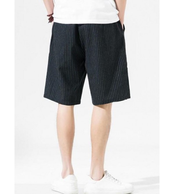 Striped Print Zipper And Button Design Drawstring Casual Shorts