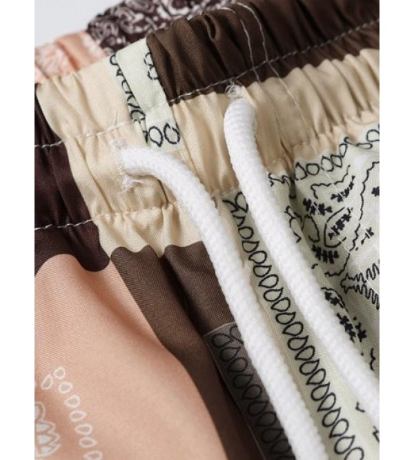 Scarf Print Drawstring Casual Beach Shorts