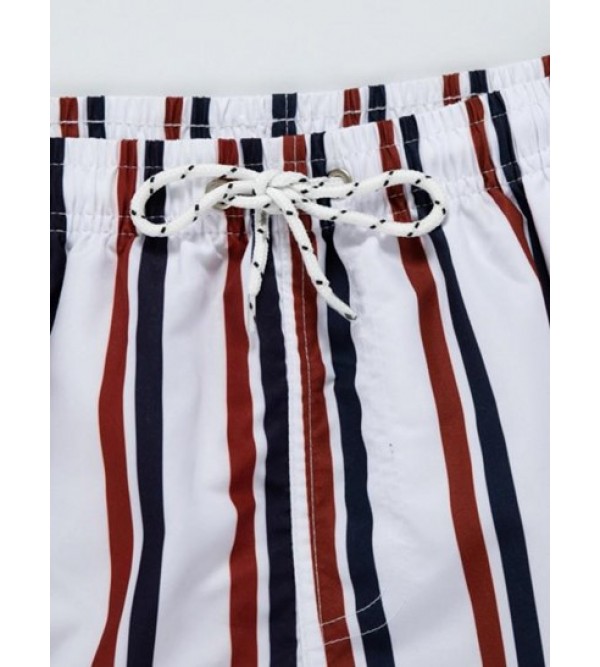 Drawstring Pockets Vertical Mixed Stripes Beach Shorts