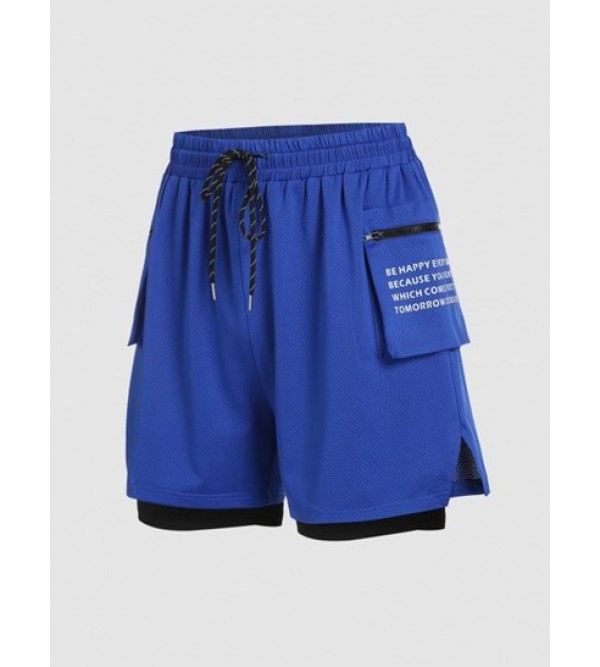 Letter Print Zipper Pocket Design Faux Twinset Sports Shorts Letter Print Zipper Pocket Design Faux Twinset Sports Shorts