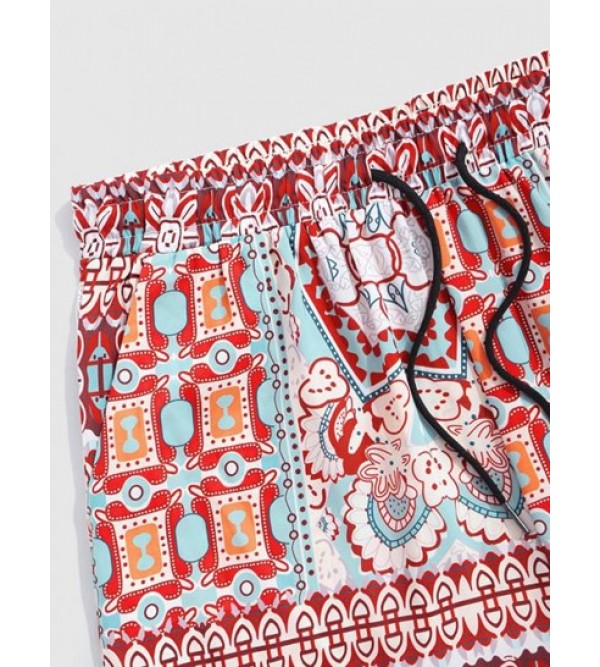 Ethnic Aztec Printed Pocket Drawstring Casual Beach Shorts