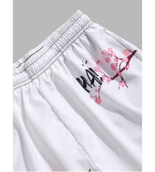 Flower Flying Crane Print Beach Shorts