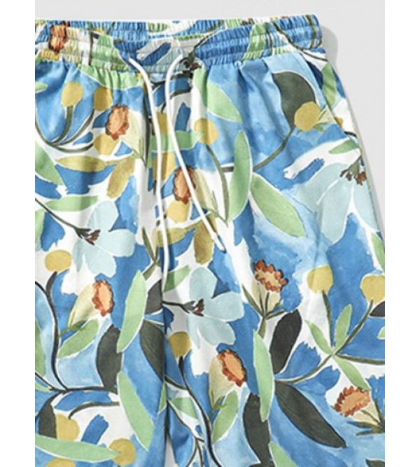 Retro Floral Printed Drawstring Casual Shorts