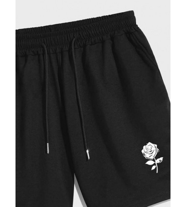 Rose Floral Pattern Drawstring Casual Shorts