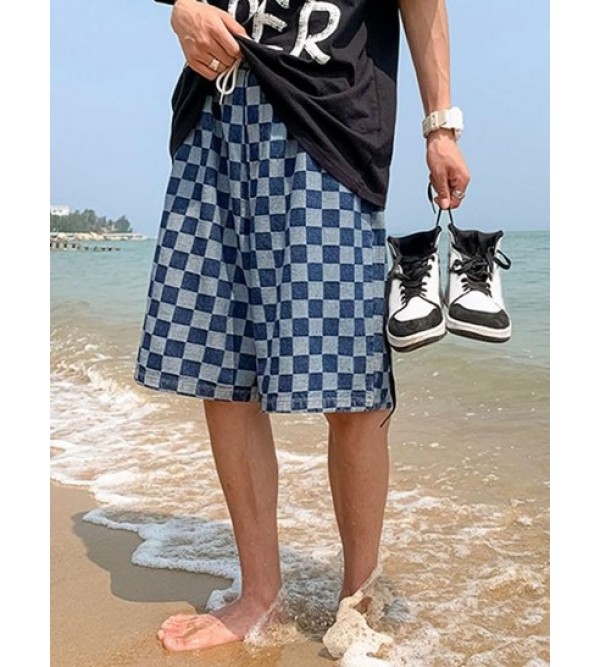 Checkerboard Pattern Drawstring Denim Shorts Checkerboard Pattern Drawstring Denim Shorts
