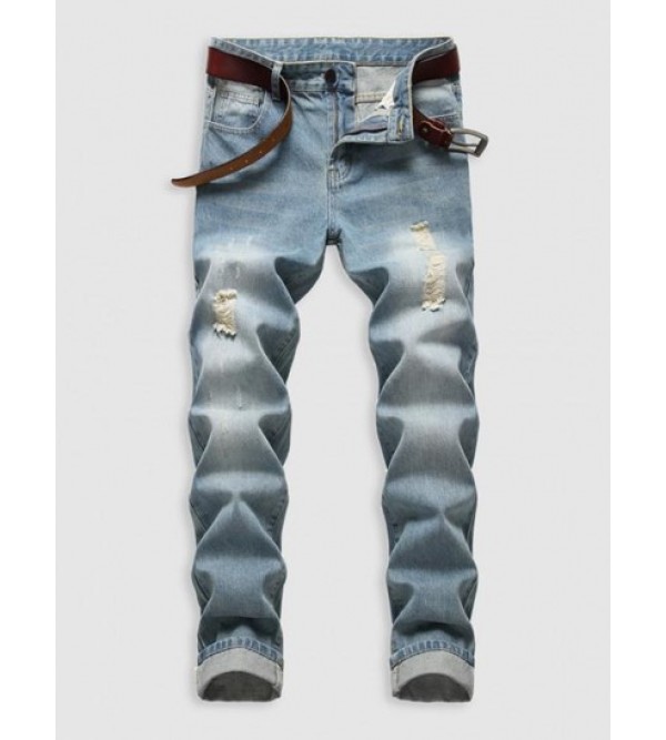 Zipper Fly Pockets Ripped Casual Jeans
